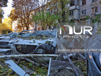 Cars are damaged by a Russian drone attack in Khadzhybeiskyi district of Odesa, Ukraine, on November 7, 2024. (