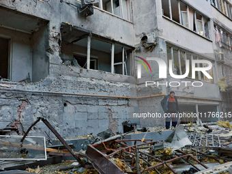 The facade of a residential building in the Khadzhybeiskyi district is damaged by a Russian drone attack in Odesa, Ukraine, on November 7, 2...