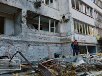 The facade of a residential building in the Khadzhybeiskyi district is damaged by a Russian drone attack in Odesa, Ukraine, on November 7, 2...