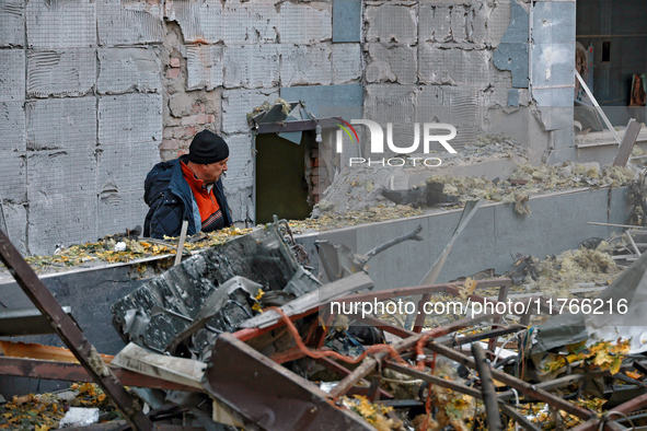 The facade of a residential building in the Khadzhybeiskyi district is damaged by a Russian drone attack in Odesa, Ukraine, on November 7, 2...