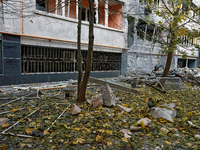 The facade of a residential building in the Khadzhybeiskyi district is damaged by a Russian drone attack in Odesa, Ukraine, on November 7, 2...