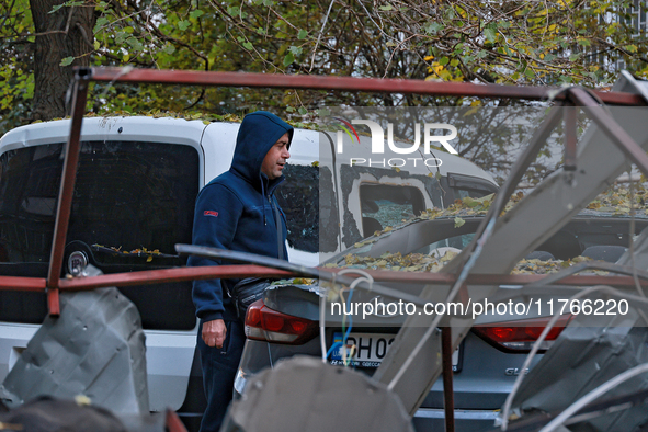 Cars are damaged by a Russian drone attack in the Khadzhybeiskyi district of Odesa, Ukraine, on November 7, 2024. 