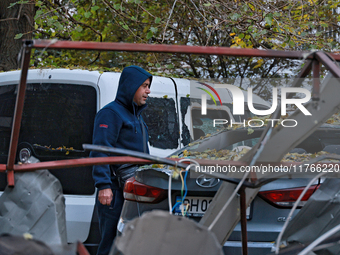 Cars are damaged by a Russian drone attack in the Khadzhybeiskyi district of Odesa, Ukraine, on November 7, 2024. (