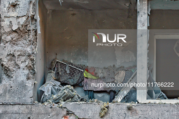 The facade of a residential building in the Khadzhybeiskyi district is damaged by a Russian drone attack in Odesa, Ukraine, on November 7, 2...