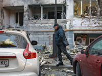 The facade of a residential building in the Khadzhybeiskyi district is damaged by a Russian drone attack in Odesa, Ukraine, on November 7, 2...