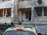 The facade of a residential building in the Khadzhybeiskyi district is damaged by a Russian drone attack in Odesa, Ukraine, on November 7, 2...