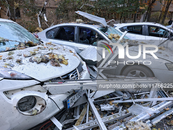 Cars are damaged by a Russian drone attack in Khadzhybeiskyi district of Odesa, Ukraine, on November 7, 2024. (