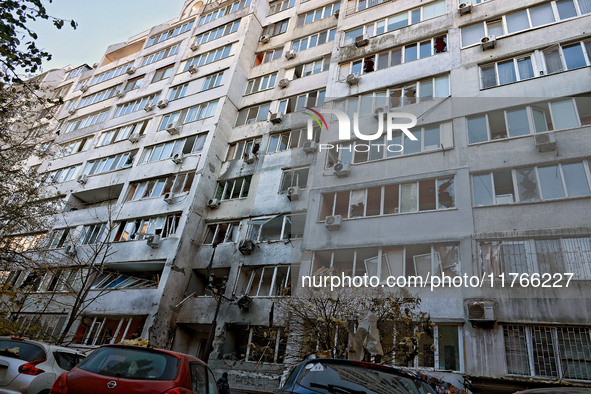 The facade of a residential building in the Khadzhybeiskyi district is damaged by a Russian drone attack in Odesa, Ukraine, on November 7, 2...