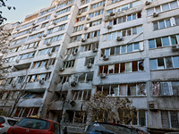 The facade of a residential building in the Khadzhybeiskyi district is damaged by a Russian drone attack in Odesa, Ukraine, on November 7, 2...