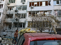 The facade of a residential building in the Khadzhybeiskyi district is damaged by a Russian drone attack in Odesa, Ukraine, on November 7, 2...