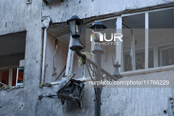 The facade of a residential building in the Khadzhybeiskyi district is damaged by a Russian drone attack in Odesa, Ukraine, on November 7, 2...