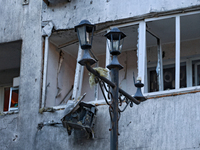 The facade of a residential building in the Khadzhybeiskyi district is damaged by a Russian drone attack in Odesa, Ukraine, on November 7, 2...