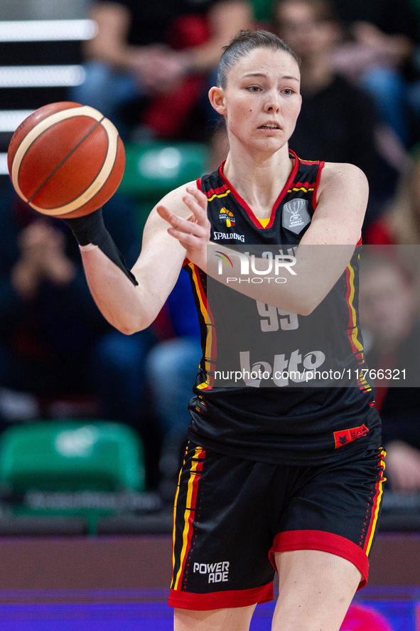 Ine Joris in action during the FIBA 2025 European Women's Basketball Championship Qualifiers Group C match between Poland and Belgium at the...