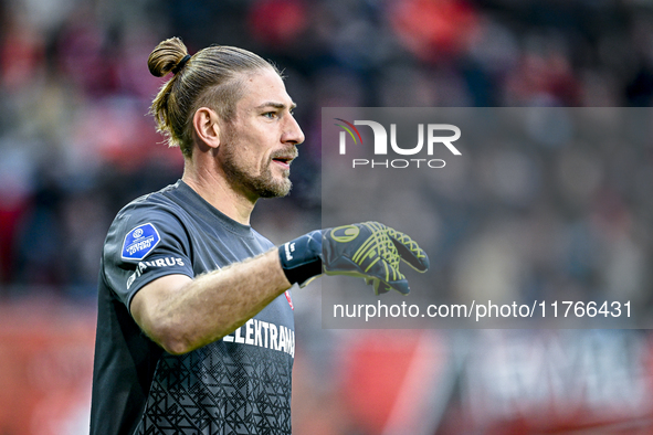 FC Twente goalkeeper Lars Unnerstall plays during the match between Twente and Ajax at the Grolsch Veste stadium for the Dutch Eredivisie se...