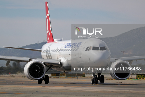 An Airbus A321-271NX from Turkish Airlines is on the runway ready to take off from Barcelona airport in Barcelona, Spain, on October 8, 2024...