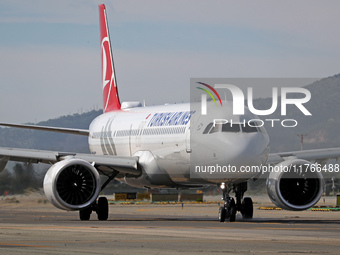 An Airbus A321-271NX from Turkish Airlines is on the runway ready to take off from Barcelona airport in Barcelona, Spain, on October 8, 2024...