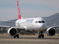 An Airbus A321-271NX from Turkish Airlines is on the runway ready to take off from Barcelona airport in Barcelona, Spain, on October 8, 2024...