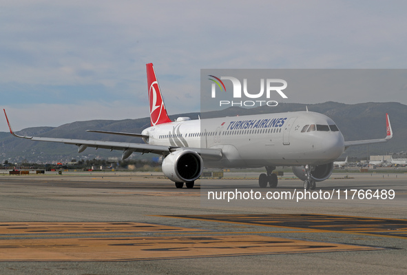 An Airbus A321-271NX from Turkish Airlines is on the runway ready to take off from Barcelona airport in Barcelona, Spain, on October 8, 2024...