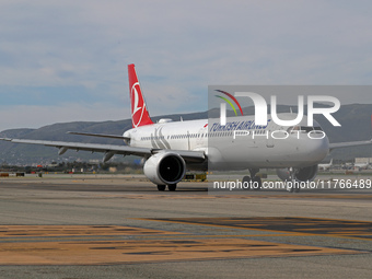 An Airbus A321-271NX from Turkish Airlines is on the runway ready to take off from Barcelona airport in Barcelona, Spain, on October 8, 2024...