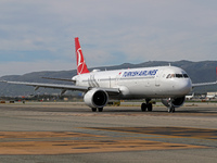 An Airbus A321-271NX from Turkish Airlines is on the runway ready to take off from Barcelona airport in Barcelona, Spain, on October 8, 2024...