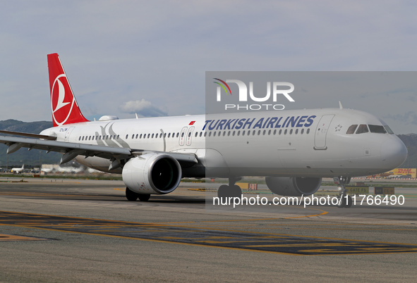 An Airbus A321-271NX from Turkish Airlines is on the runway ready to take off from Barcelona airport in Barcelona, Spain, on October 8, 2024...