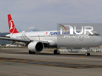 An Airbus A321-271NX from Turkish Airlines is on the runway ready to take off from Barcelona airport in Barcelona, Spain, on October 8, 2024...