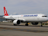 An Airbus A321-271NX from Turkish Airlines is on the runway ready to take off from Barcelona airport in Barcelona, Spain, on October 8, 2024...