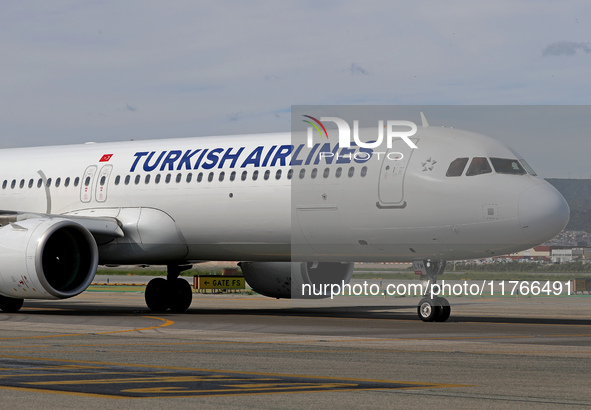 An Airbus A321-271NX from Turkish Airlines is on the runway ready to take off from Barcelona airport in Barcelona, Spain, on October 8, 2024...