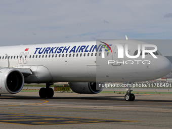 An Airbus A321-271NX from Turkish Airlines is on the runway ready to take off from Barcelona airport in Barcelona, Spain, on October 8, 2024...