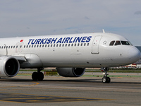 An Airbus A321-271NX from Turkish Airlines is on the runway ready to take off from Barcelona airport in Barcelona, Spain, on October 8, 2024...