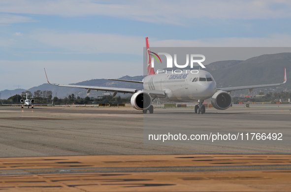 An Airbus A321-271NX from Turkish Airlines is on the runway ready to take off from Barcelona airport in Barcelona, Spain, on October 8, 2024...