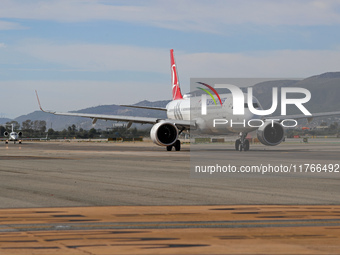 An Airbus A321-271NX from Turkish Airlines is on the runway ready to take off from Barcelona airport in Barcelona, Spain, on October 8, 2024...