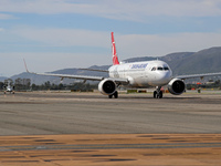 An Airbus A321-271NX from Turkish Airlines is on the runway ready to take off from Barcelona airport in Barcelona, Spain, on October 8, 2024...