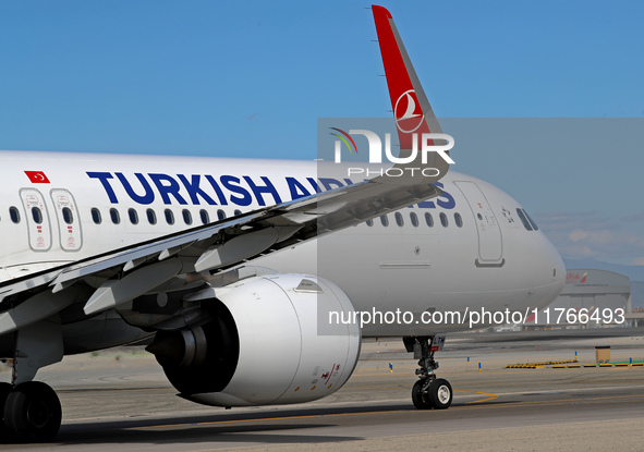 An Airbus A321-271NX from Turkish Airlines is on the runway ready to take off from Barcelona airport in Barcelona, Spain, on October 8, 2024...