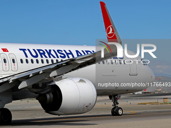 An Airbus A321-271NX from Turkish Airlines is on the runway ready to take off from Barcelona airport in Barcelona, Spain, on October 8, 2024...