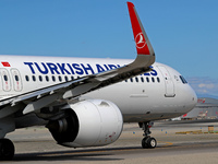 An Airbus A321-271NX from Turkish Airlines is on the runway ready to take off from Barcelona airport in Barcelona, Spain, on October 8, 2024...