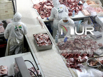 Workers divide beef at a workshop of a beef processing enterprise in Binzhou, China, on November 11, 2024. Global food prices rise in Octobe...