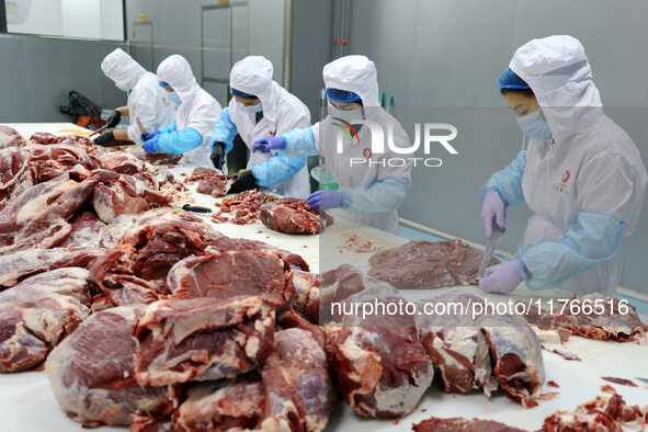 Workers divide beef at a workshop of a beef processing enterprise in Binzhou, China, on November 11, 2024. Global food prices rise in Octobe...