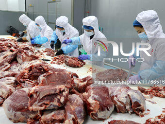 Workers divide beef at a workshop of a beef processing enterprise in Binzhou, China, on November 11, 2024. Global food prices rise in Octobe...