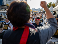 Members of the Cargo Truckers Solidarity Division of the Korean Public Service and Transport Workers' Union under the Korean Confederation o...