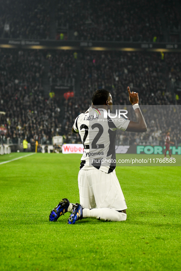 Timothy Weah of Juventus celebrates after scoring during the Serie A match between Juventus and Torino FC at Allianz Stadium in Turin, Italy...