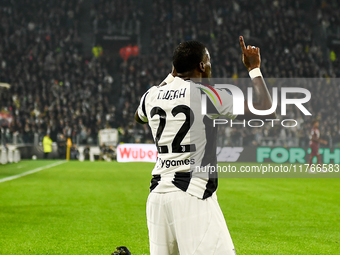 Timothy Weah of Juventus celebrates after scoring during the Serie A match between Juventus and Torino FC at Allianz Stadium in Turin, Italy...