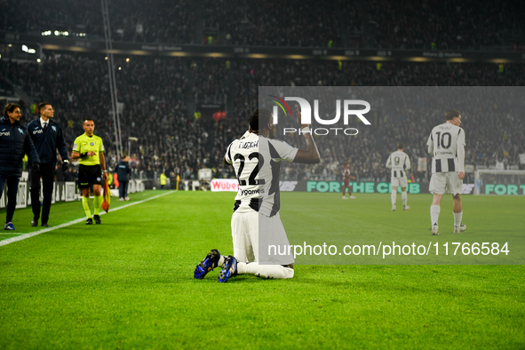 Timothy Weah of Juventus celebrates after scoring during the Serie A match between Juventus and Torino FC at Allianz Stadium in Turin, Italy...