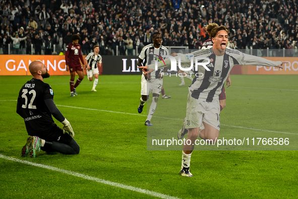 Kenan Yildiz of Juventus celebrates after scoring a goal during the Serie A match between Juventus and Torino FC at Allianz Stadium in Turin...