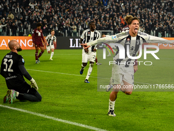 Kenan Yildiz of Juventus celebrates after scoring a goal during the Serie A match between Juventus and Torino FC at Allianz Stadium in Turin...