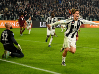 Kenan Yildiz of Juventus celebrates after scoring a goal during the Serie A match between Juventus and Torino FC at Allianz Stadium in Turin...