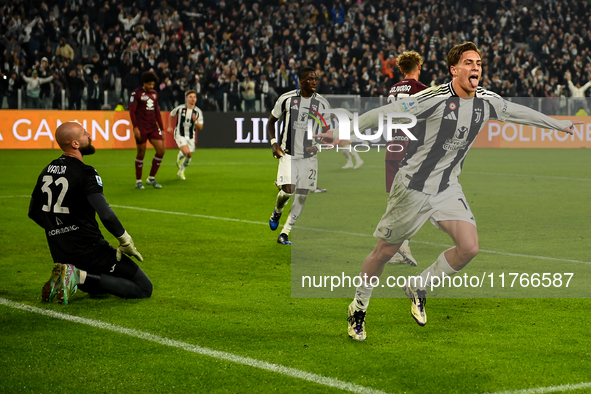 Kenan Yildiz of Juventus celebrates after scoring a goal during the Serie A match between Juventus and Torino FC at Allianz Stadium in Turin...