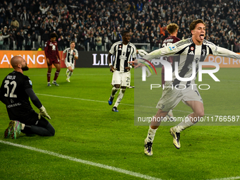 Kenan Yildiz of Juventus celebrates after scoring a goal during the Serie A match between Juventus and Torino FC at Allianz Stadium in Turin...