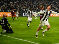 Kenan Yildiz of Juventus celebrates after scoring a goal during the Serie A match between Juventus and Torino FC at Allianz Stadium in Turin...