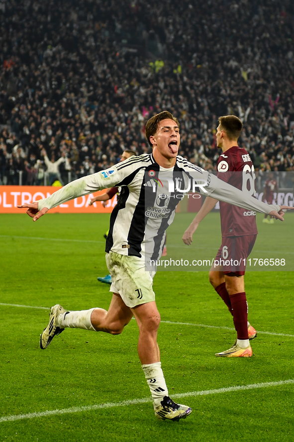 Kenan Yildiz of Juventus celebrates after scoring a goal during the Serie A match between Juventus and Torino FC at Allianz Stadium in Turin...